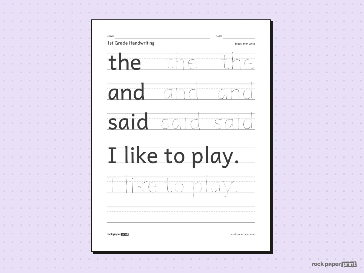 1st Grade Handwriting Worksheets, black lines, printable PDF preview