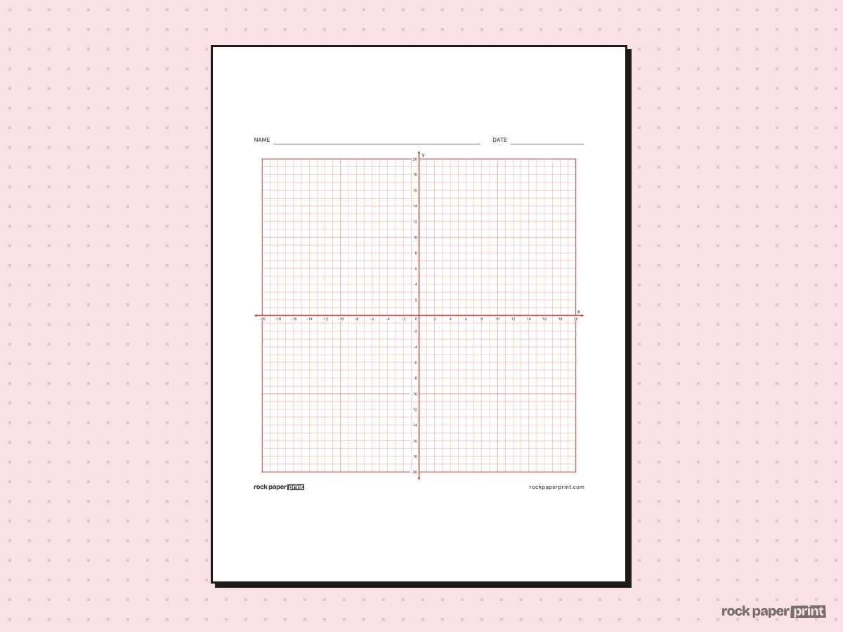 20x20 Coordinate Plane, red lines, printable PDF preview