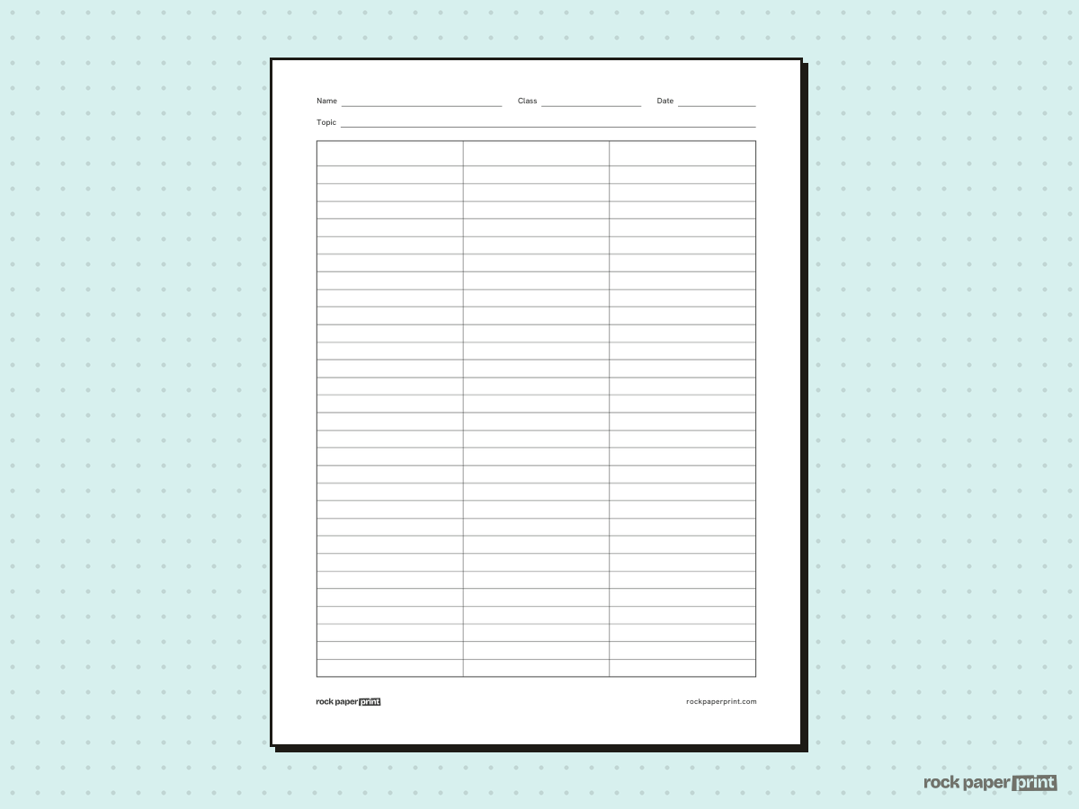 3 Column Notes Template, black lines, printable PDF preview