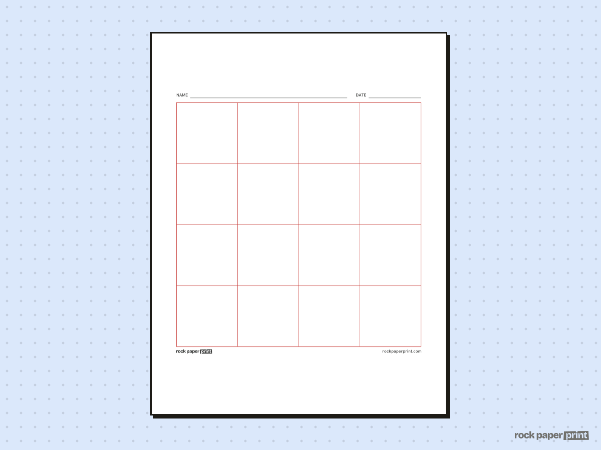 4x4 Grid (16 Squares), red lines, printable PDF preview