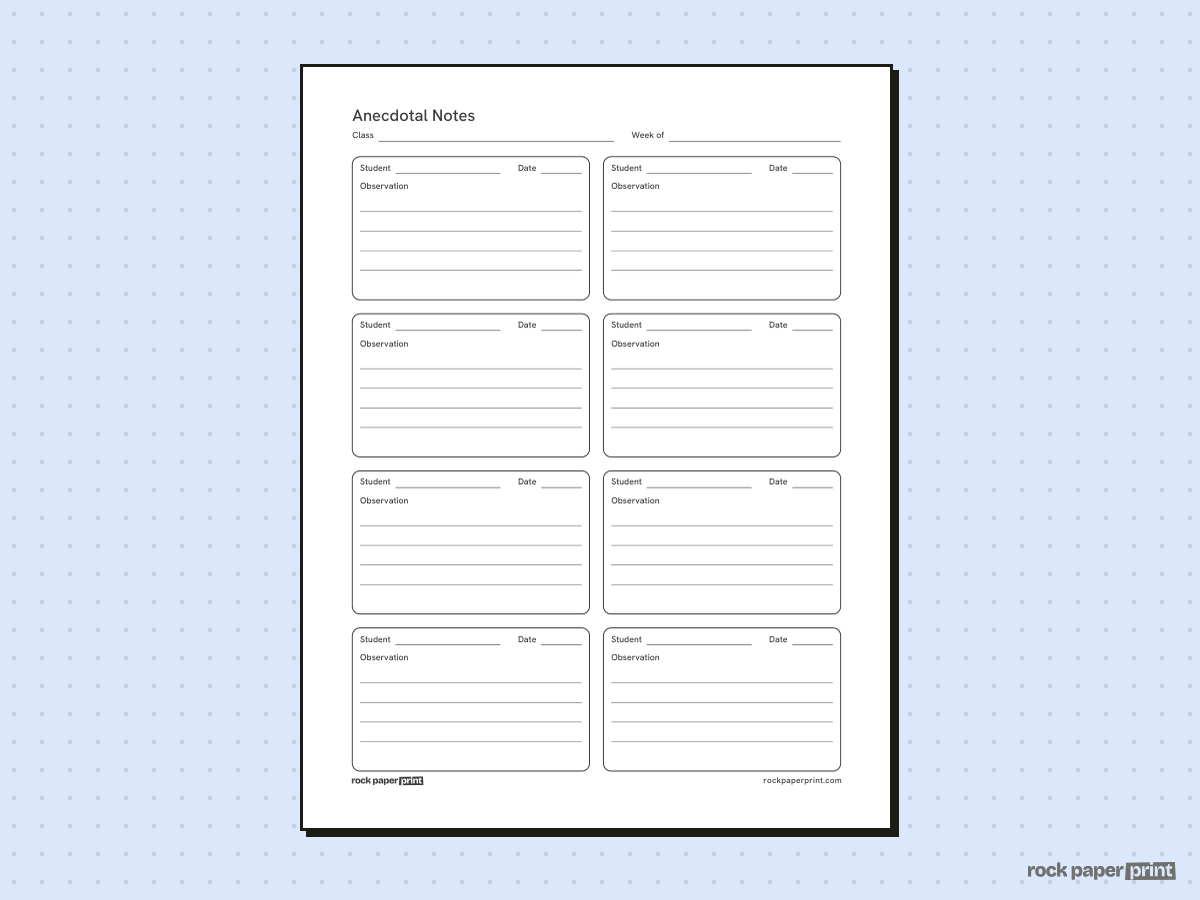 Anecdotal Notes Template, black lines, printable PDF preview