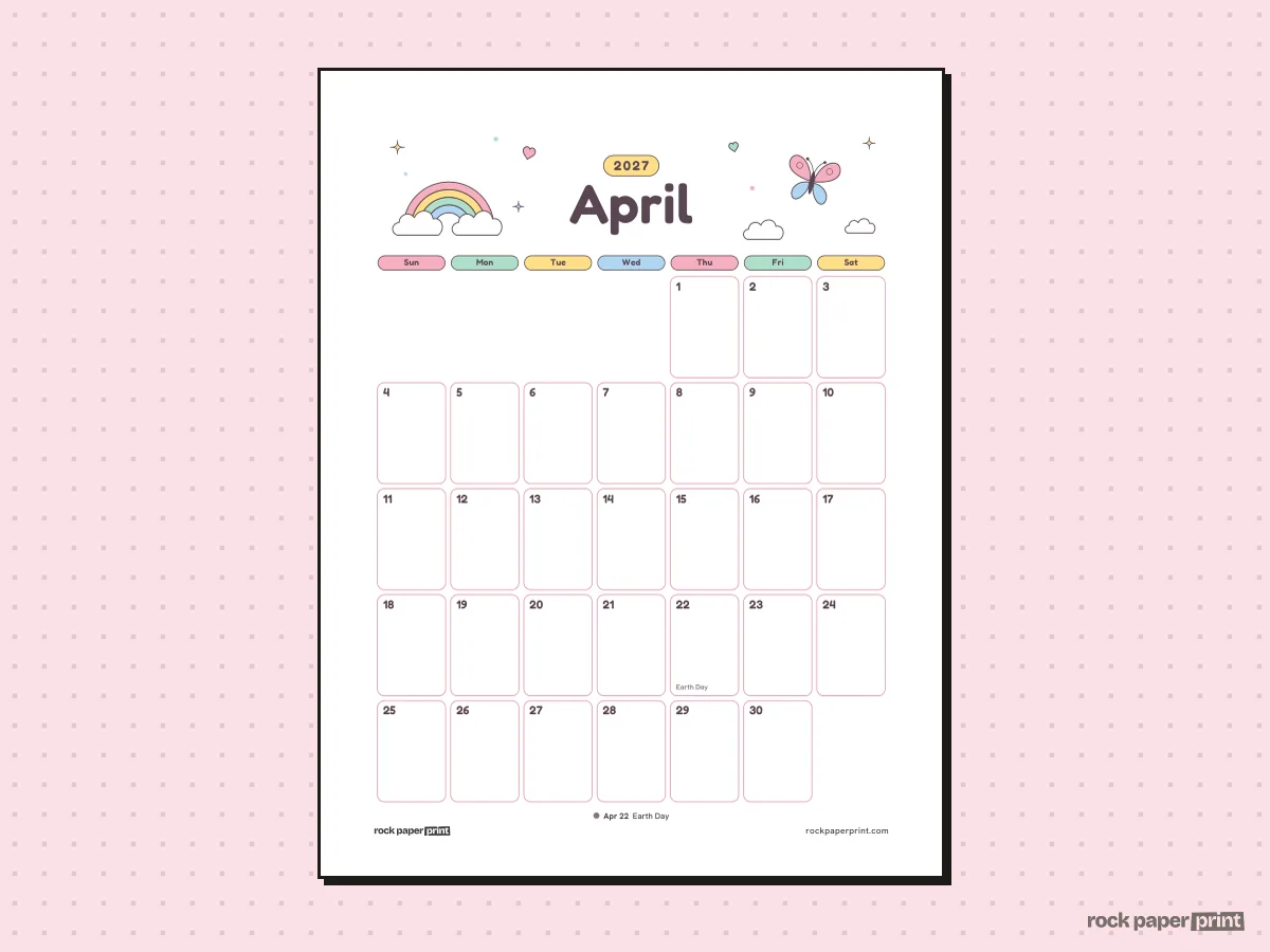 April 2027 Calendar with Holidays, Cute, printable PDF preview