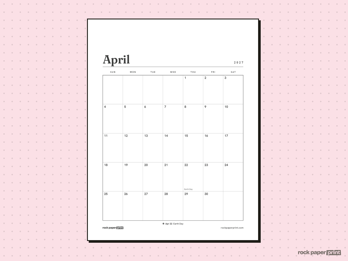 April 2027 Calendar with Holidays, Plain, printable PDF preview