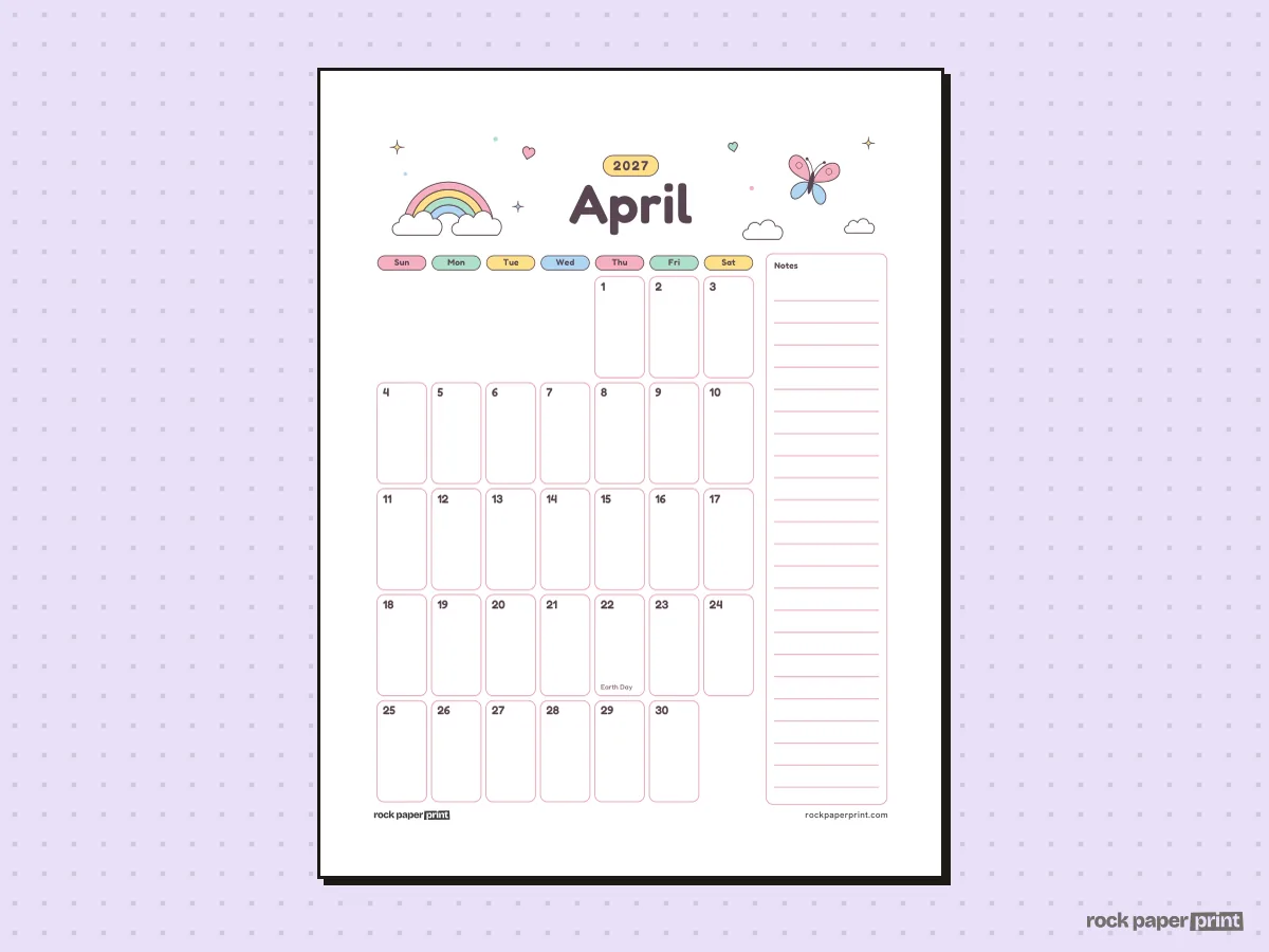 April 2027 Calendar with Notes, Cute, printable PDF preview