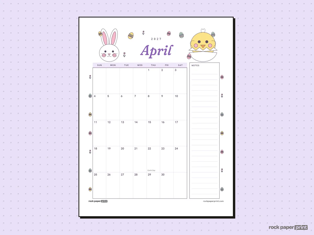 April 2027 Calendar with Notes, Easter, printable PDF preview