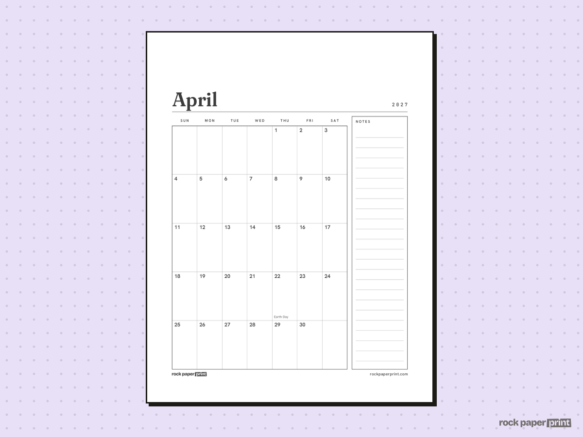 April 2027 Calendar with Notes, Plain, printable PDF preview
