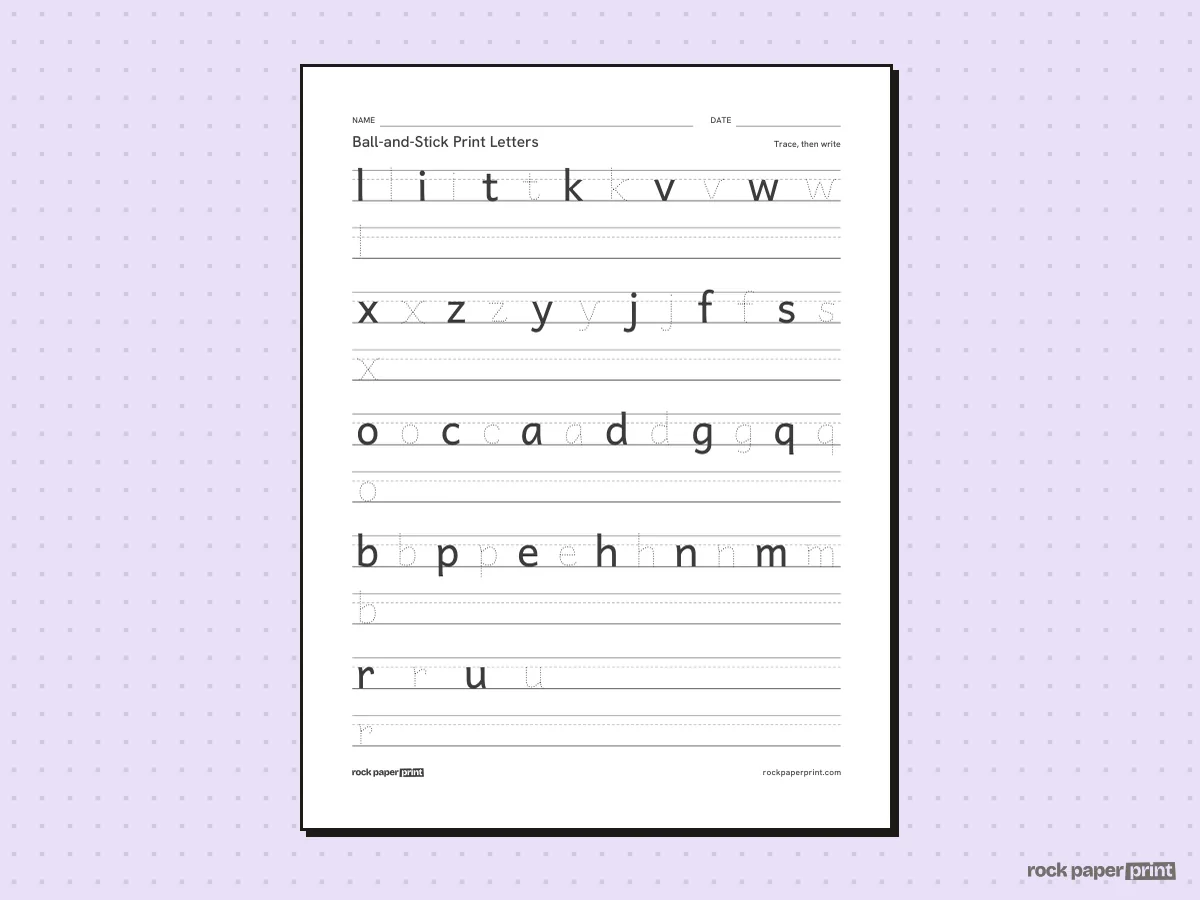 Ball-and-Stick Print Handwriting Worksheets, black lines, printable PDF preview