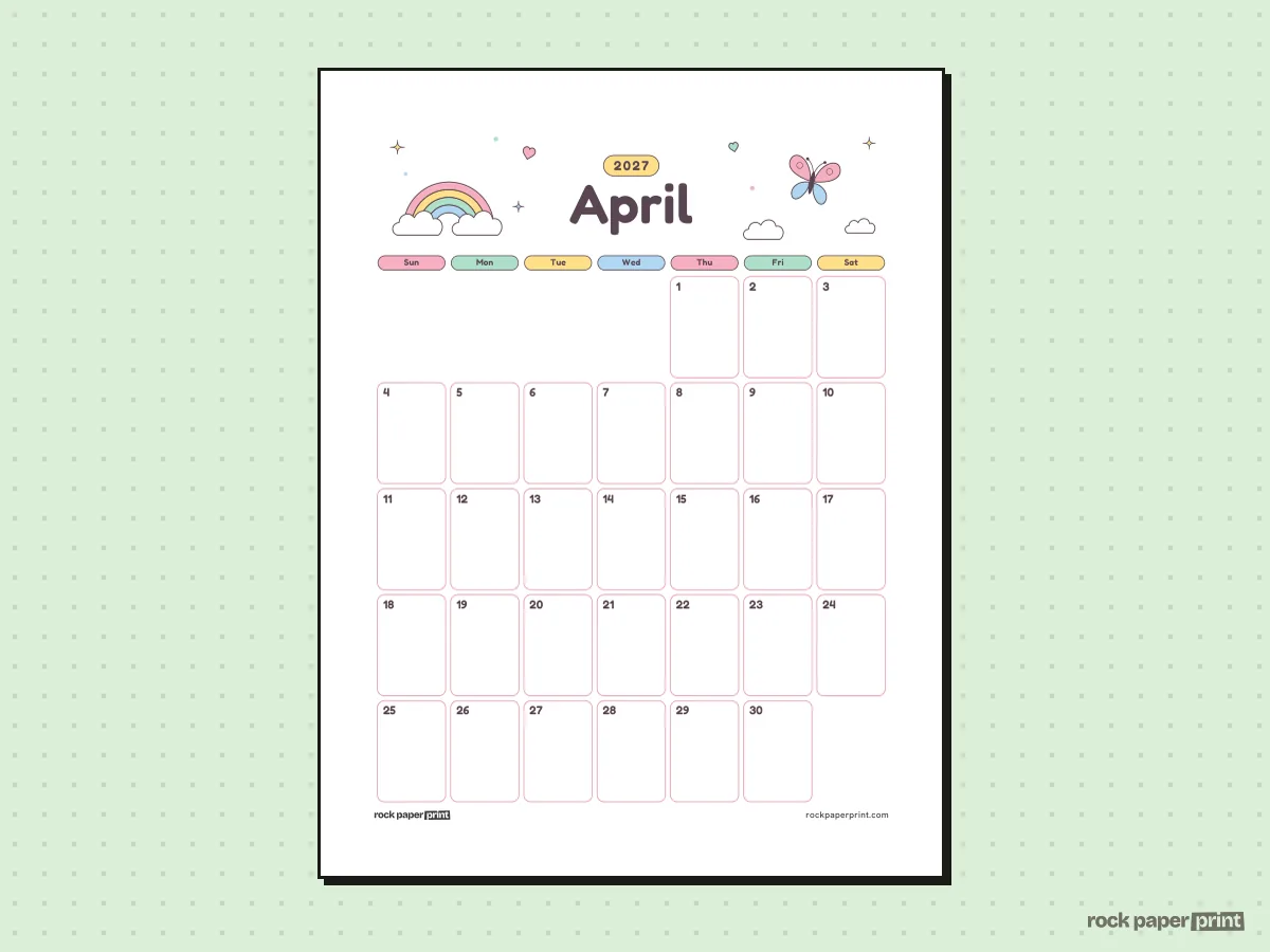 Blank April 2027 Calendar, Cute, printable PDF preview
