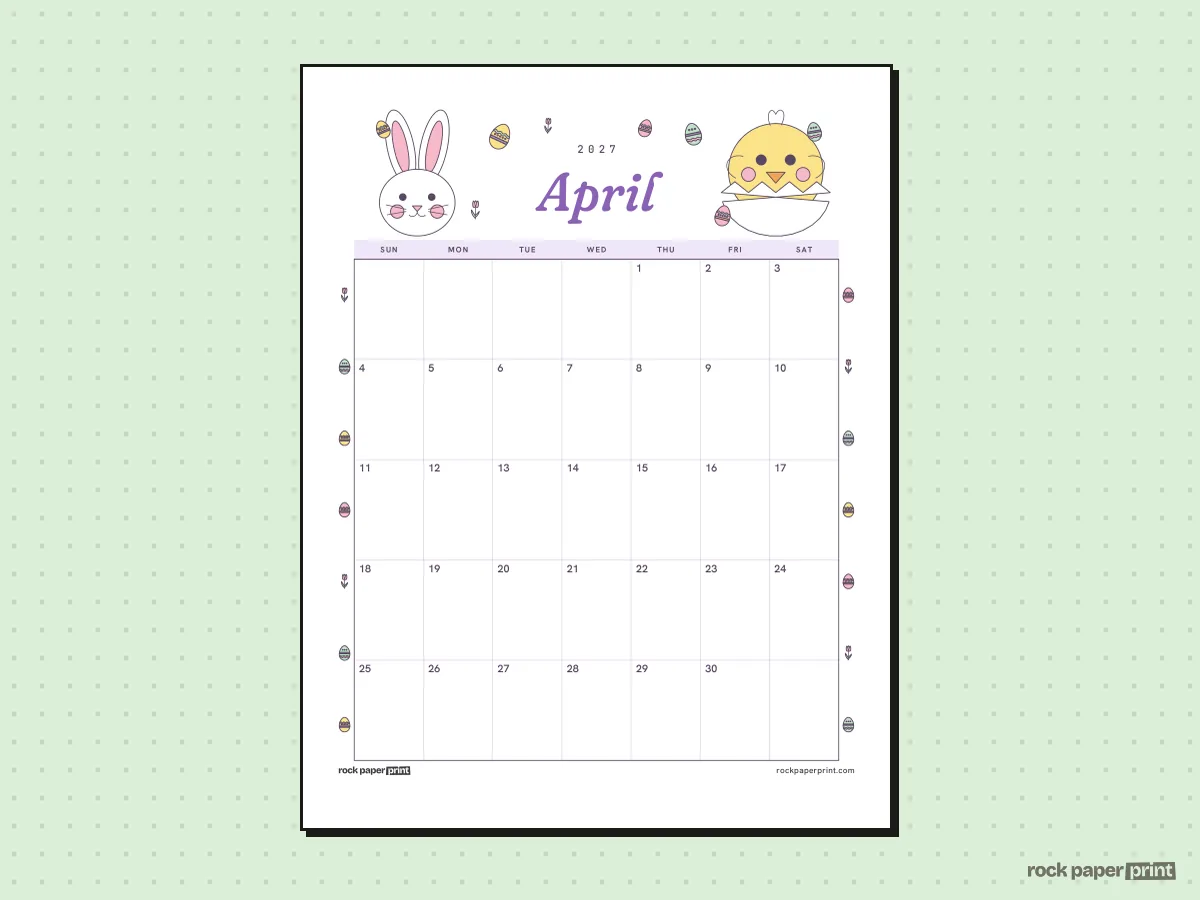 Blank April 2027 Calendar, Easter, printable PDF preview