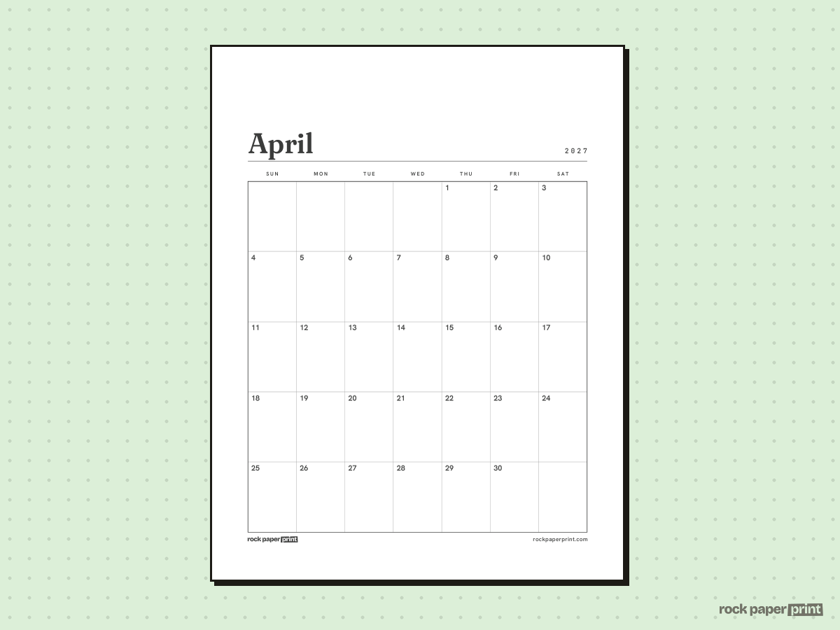Blank April 2027 Calendar, Plain, printable PDF preview