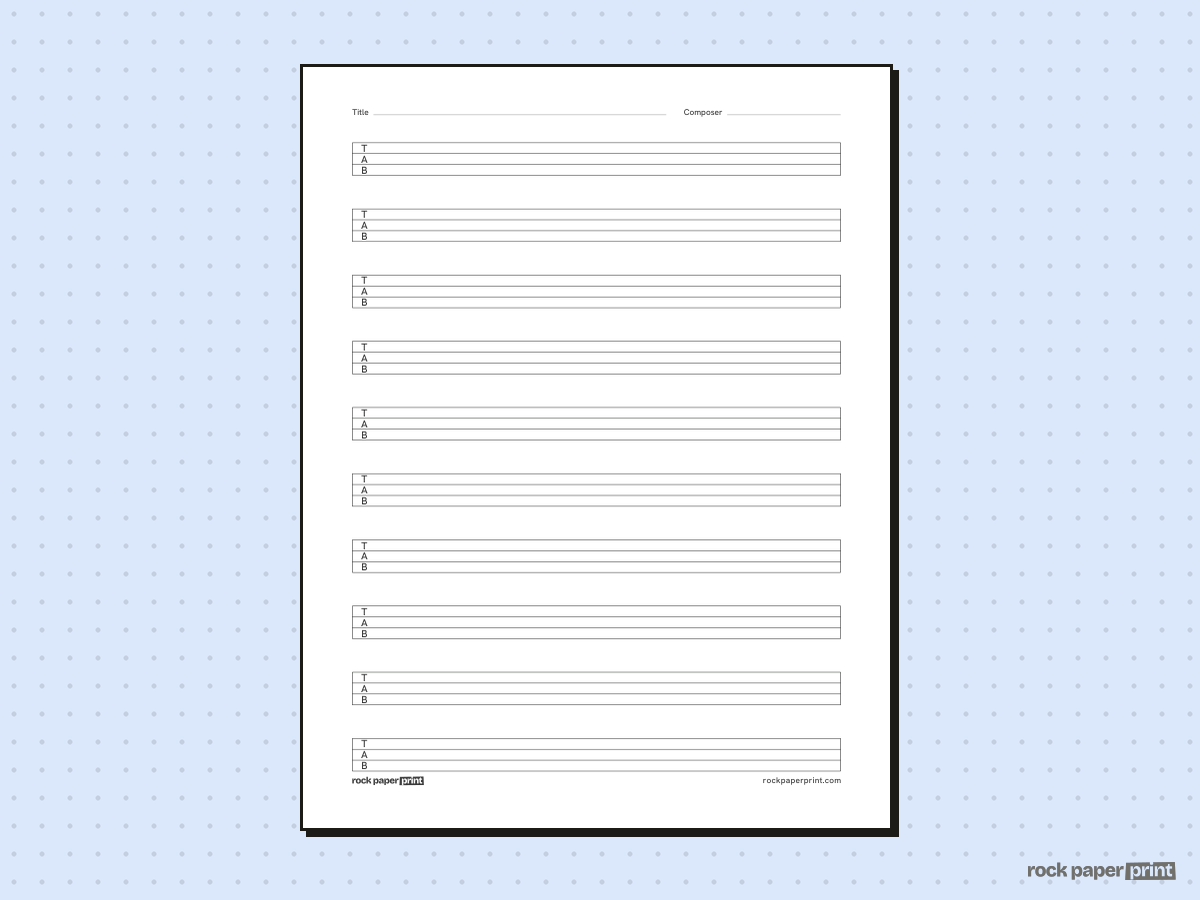 Blank Bass Tab Paper, black lines, printable PDF preview