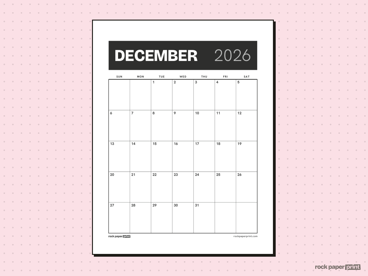 Blank December 2026 Calendar, Bold header, printable PDF preview