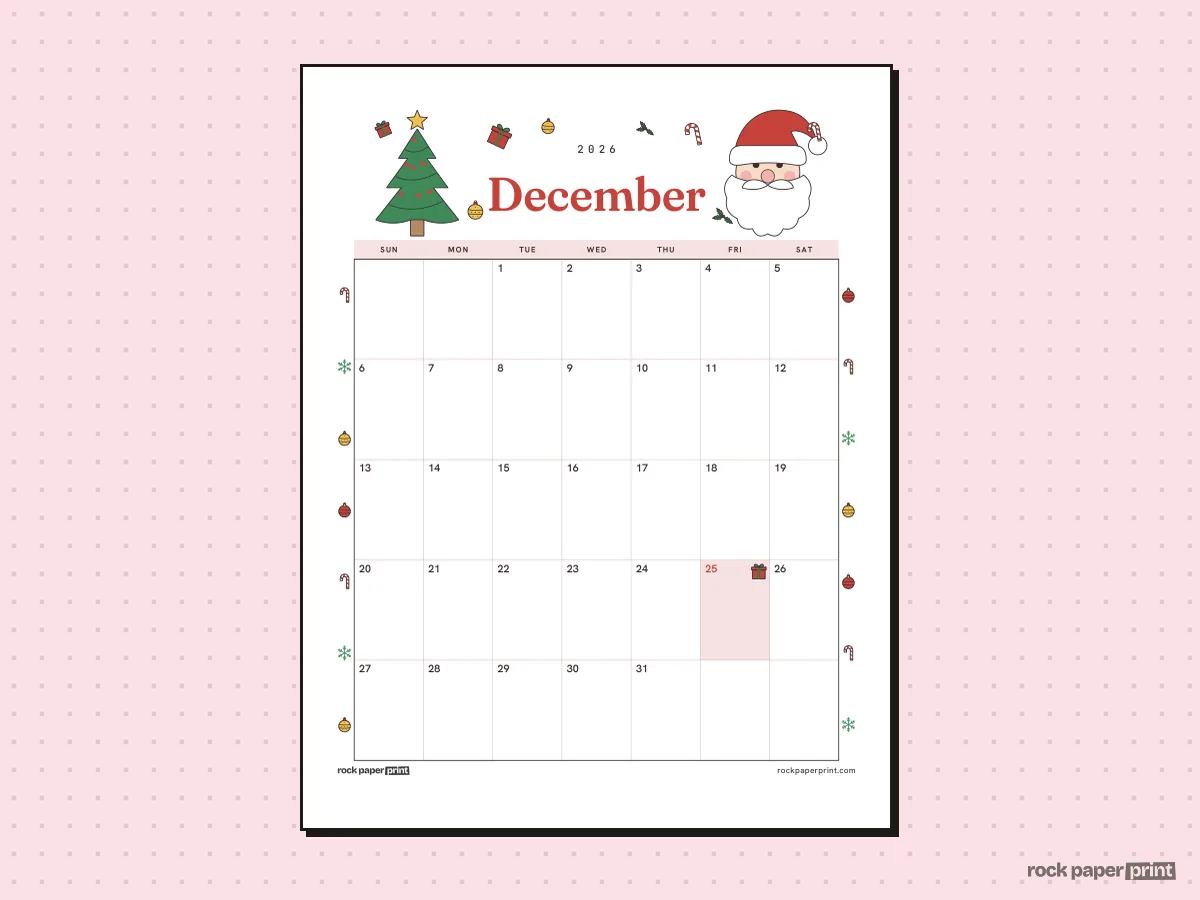 Blank December 2026 Calendar, Christmas, printable PDF preview