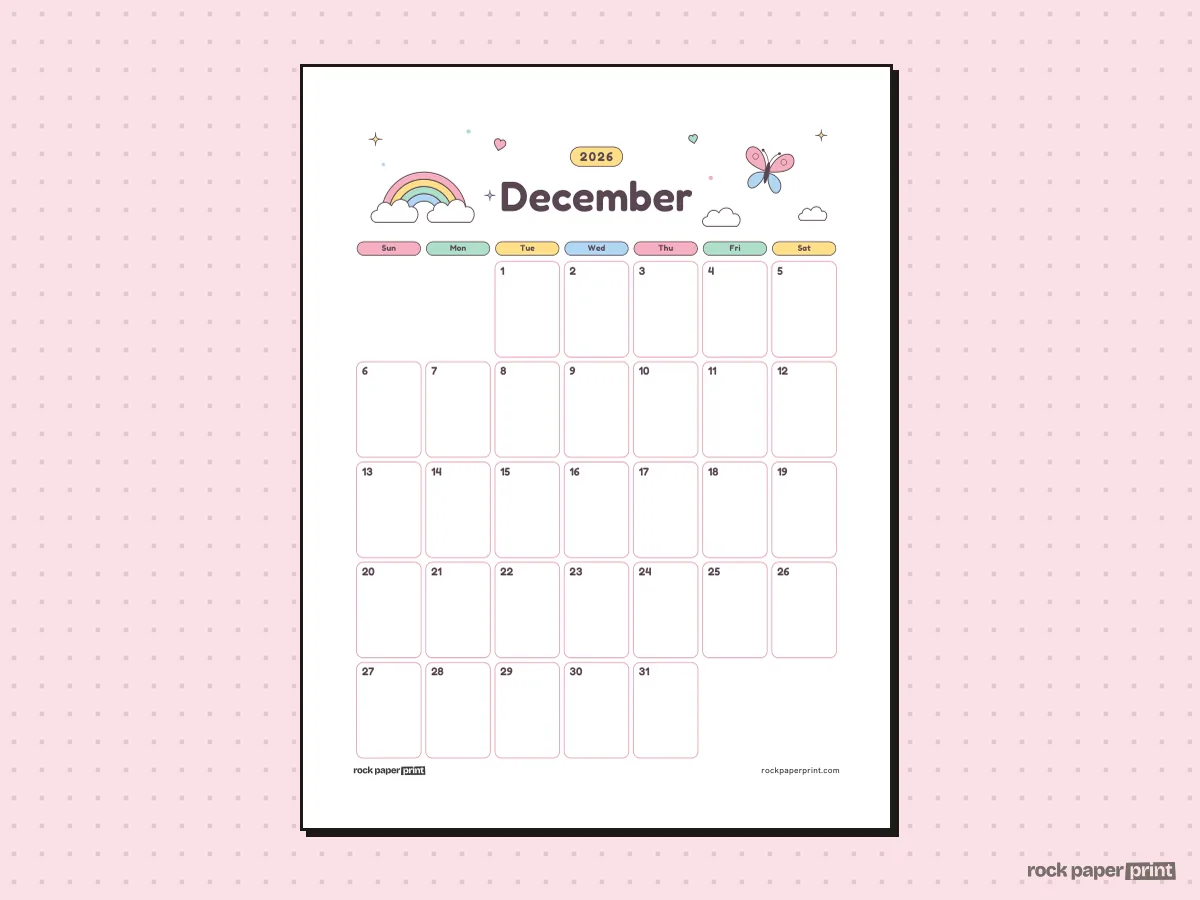 Blank December 2026 Calendar, Cute, printable PDF preview