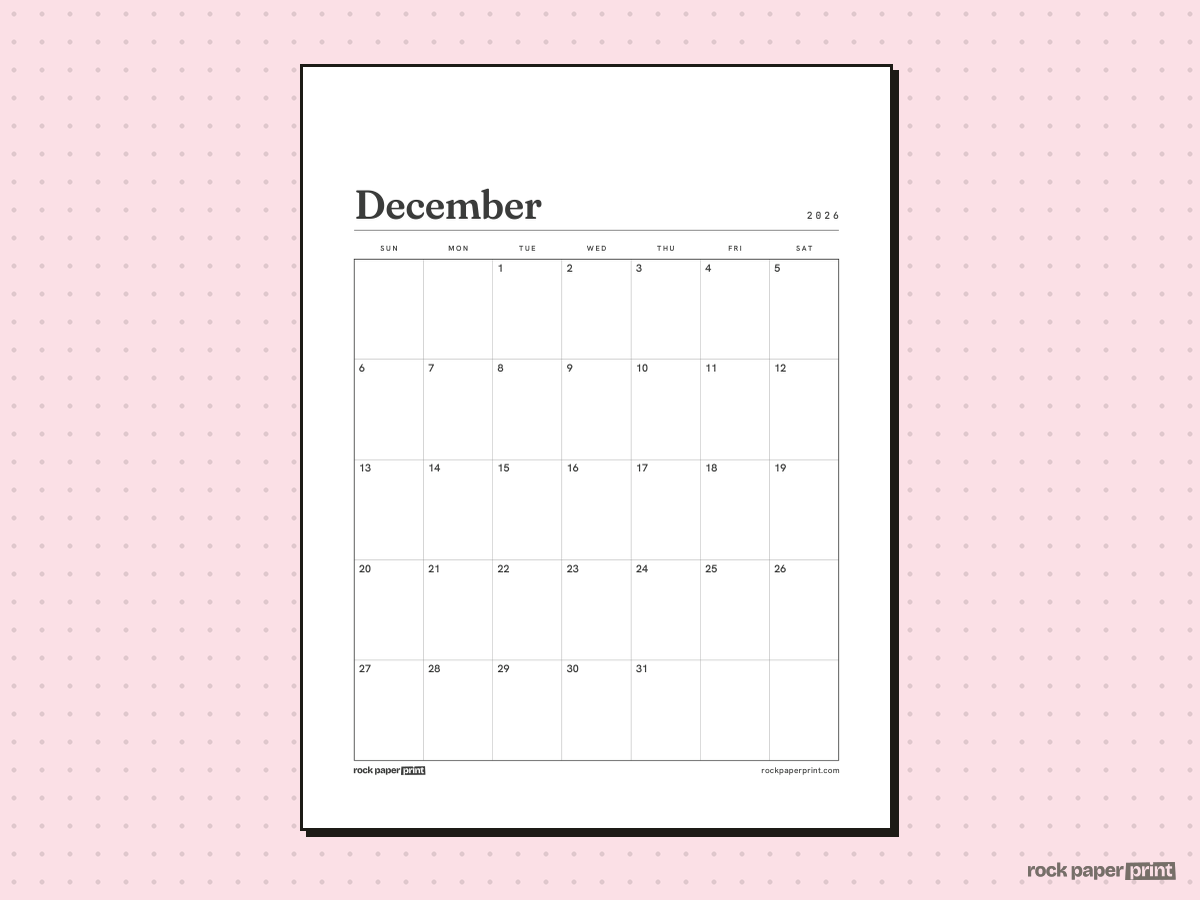 Blank December 2026 Calendar, Plain, printable PDF preview