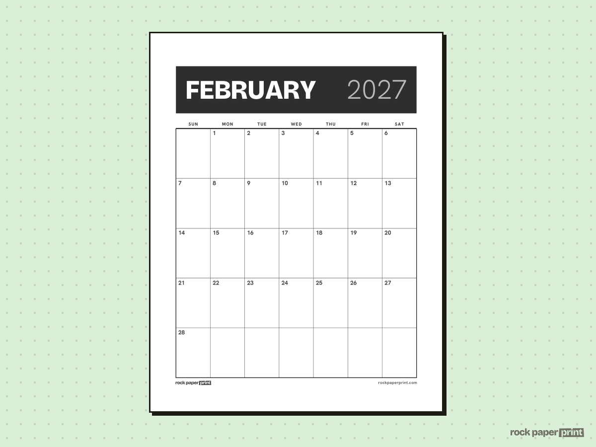 Blank February 2027 Calendar, Bold header, printable PDF preview