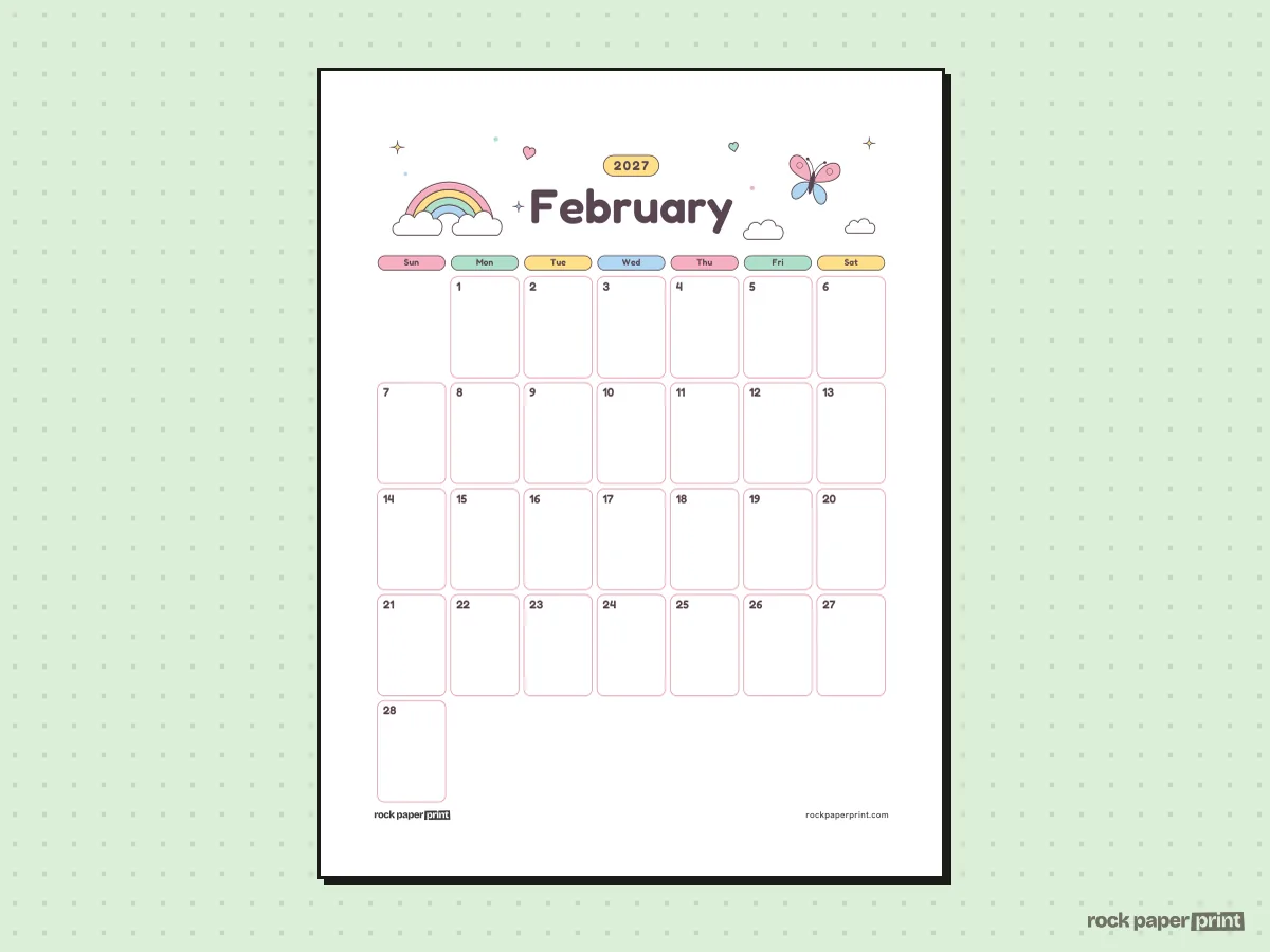 Blank February 2027 Calendar, Cute, printable PDF preview