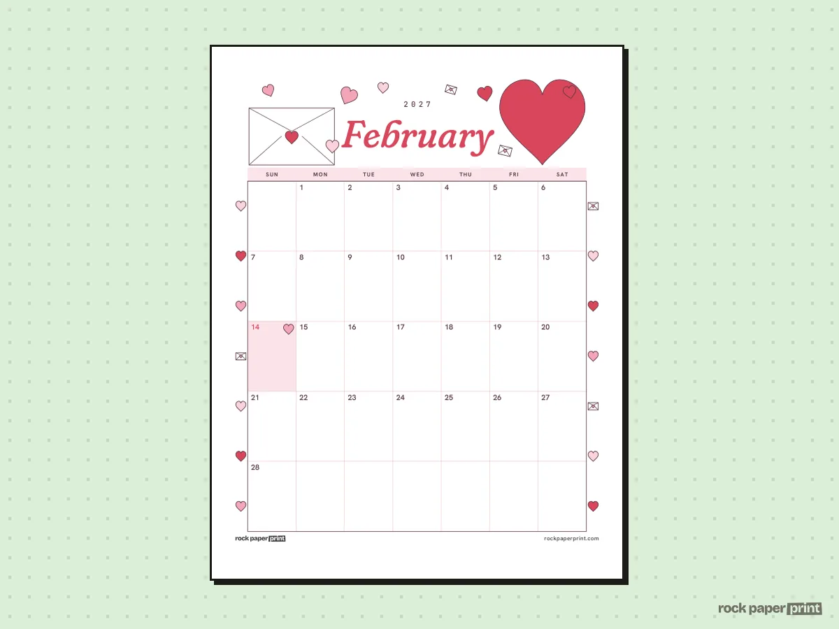 Blank February 2027 Calendar, Valentine's Day, printable PDF preview