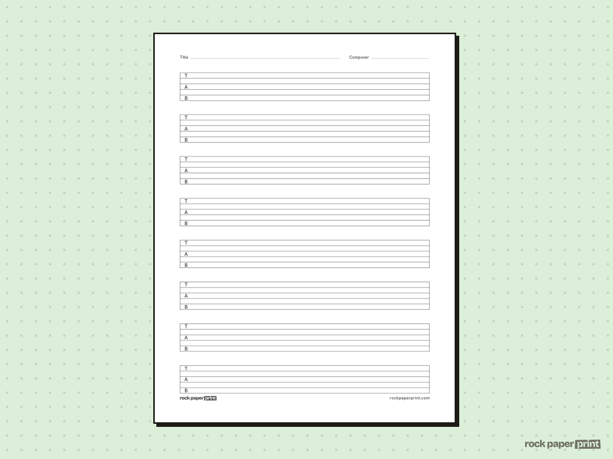 Blank Guitar Tab Paper, black lines, printable PDF preview
