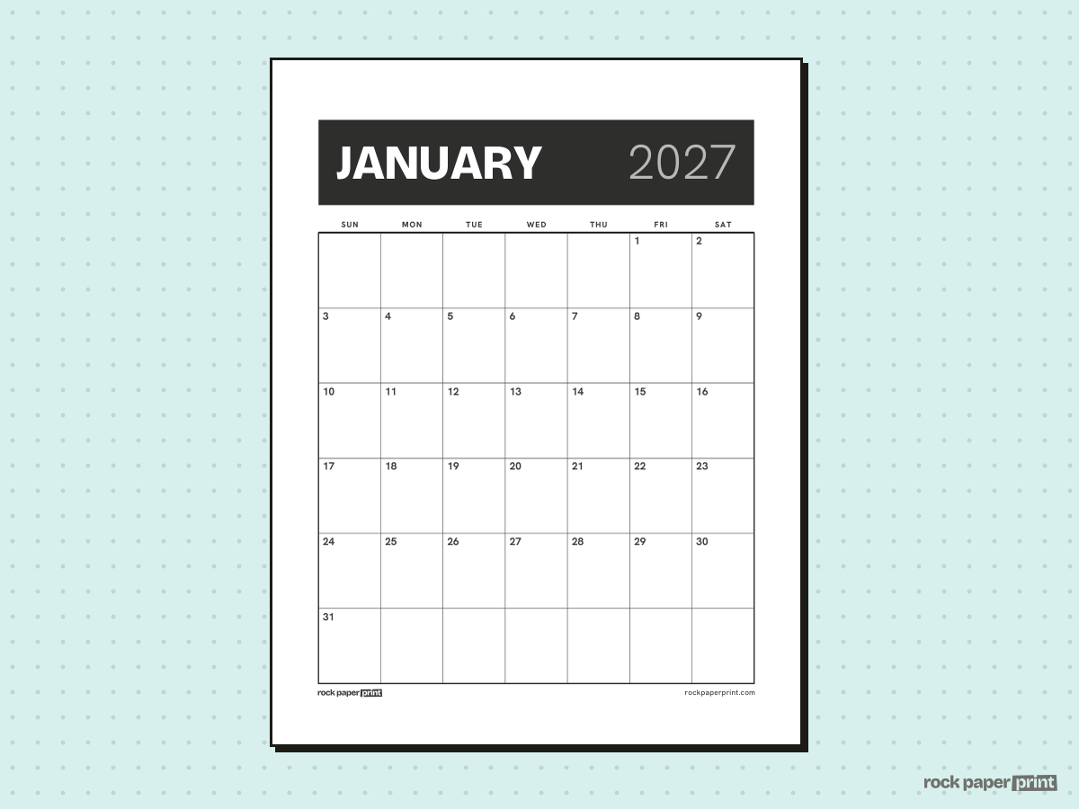 Blank January 2027 Calendar, Bold header, printable PDF preview