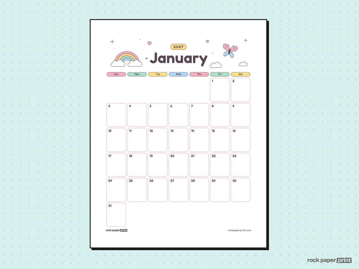 Blank January 2027 Calendar, Cute, printable PDF preview