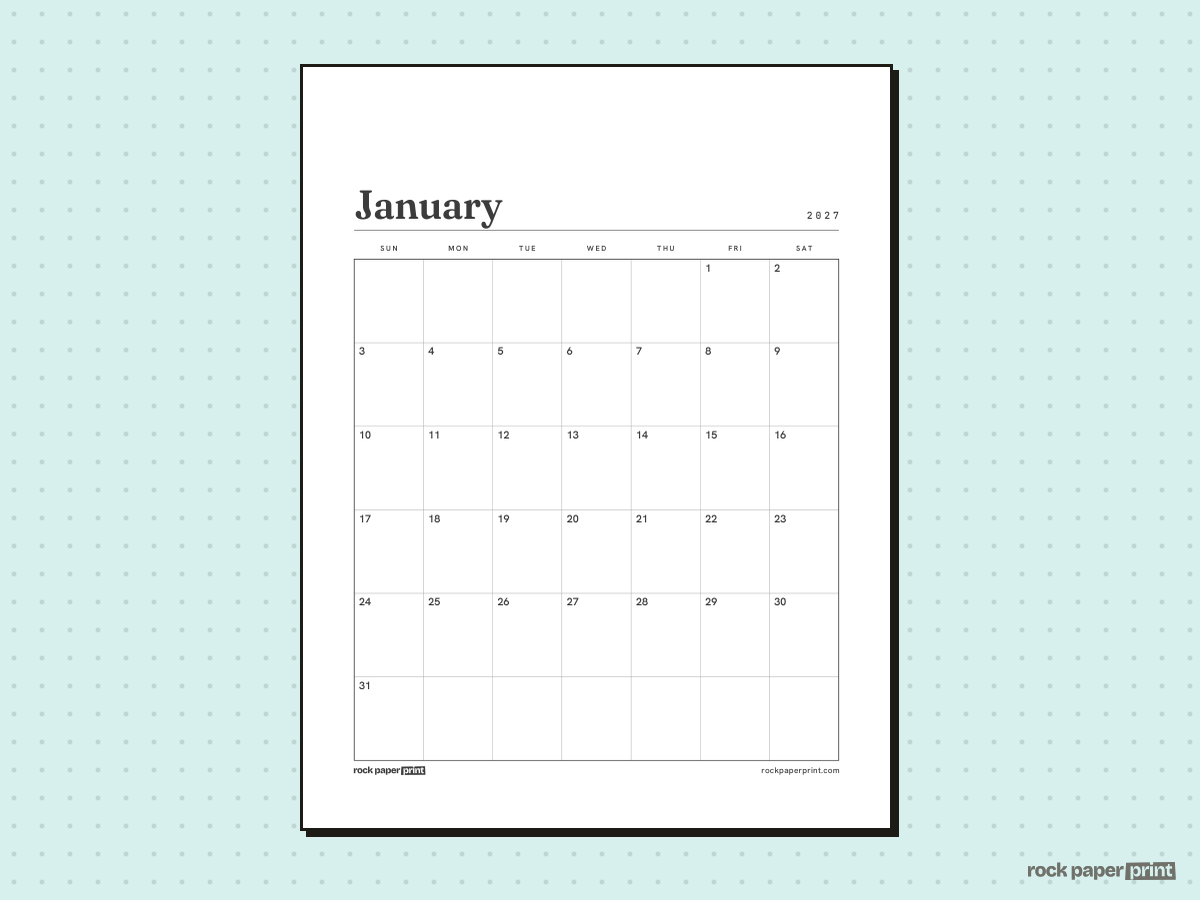 Blank January 2027 Calendar, Plain, printable PDF preview
