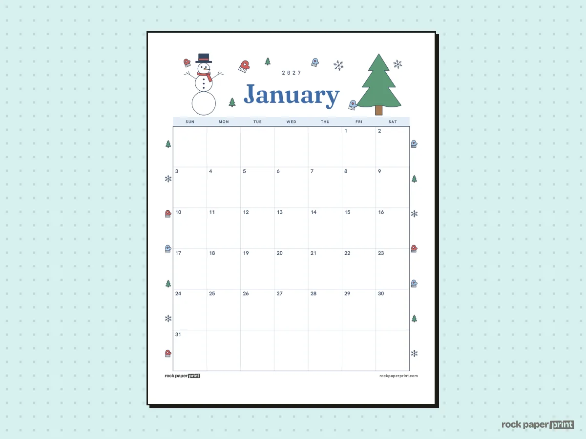 Blank January 2027 Calendar, Winter, printable PDF preview