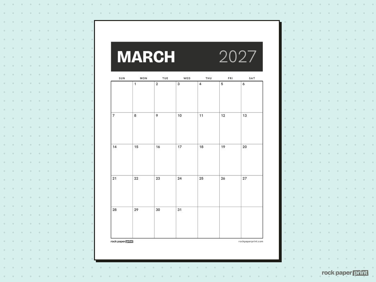 Blank March 2027 Calendar, Bold header, printable PDF preview