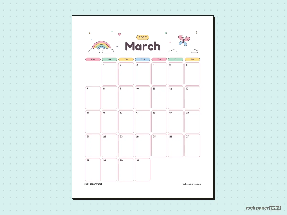 Blank March 2027 Calendar, Cute, printable PDF preview