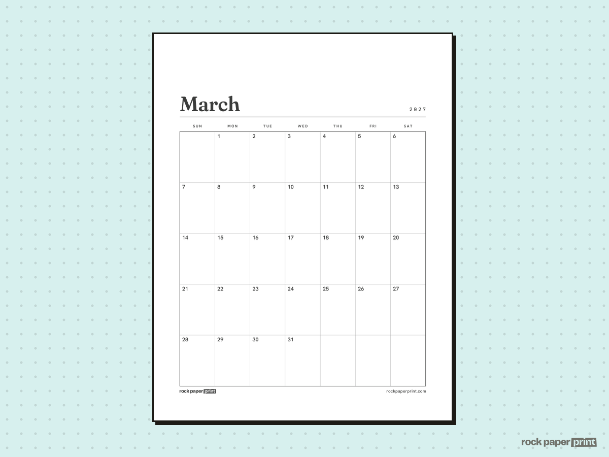Blank March 2027 Calendar, Plain, printable PDF preview