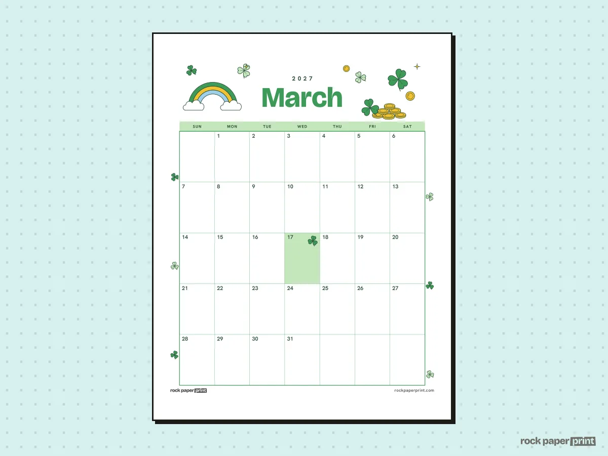 Blank March 2027 Calendar, St. Patrick's Day, printable PDF preview