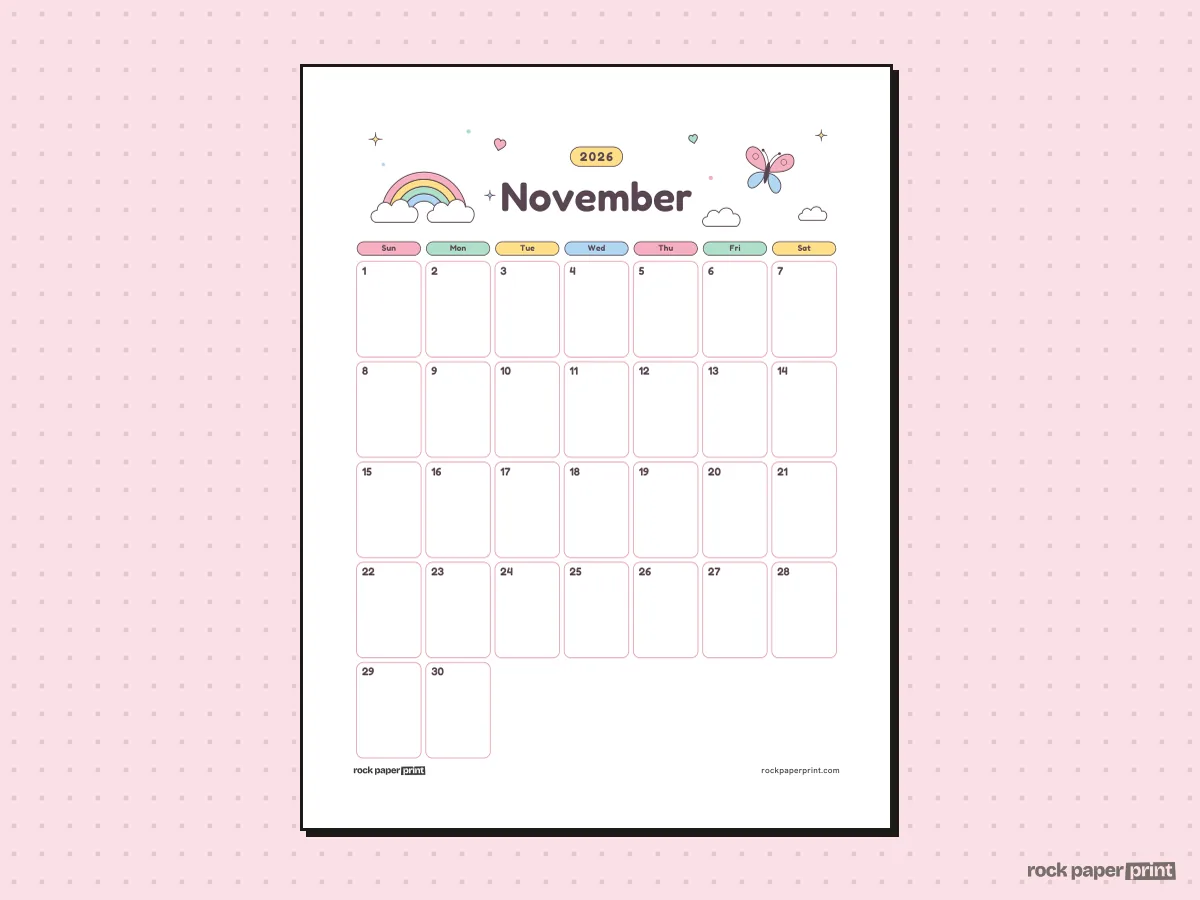 Blank November 2026 Calendar, Cute, printable PDF preview