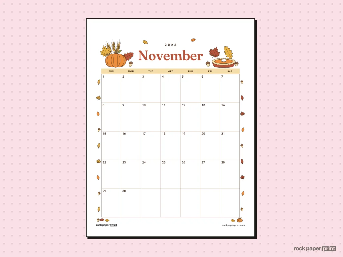 Blank November 2026 Calendar, Thanksgiving, printable PDF preview
