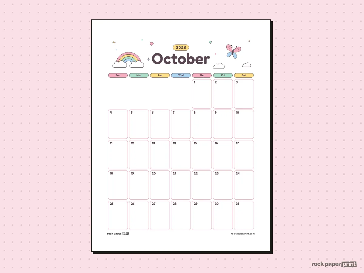Blank October 2026 Calendar, Cute, printable PDF preview