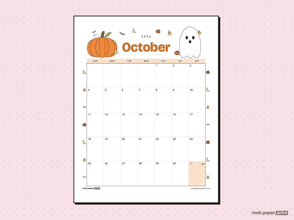 Blank October 2026 Calendar, Halloween, printable PDF preview