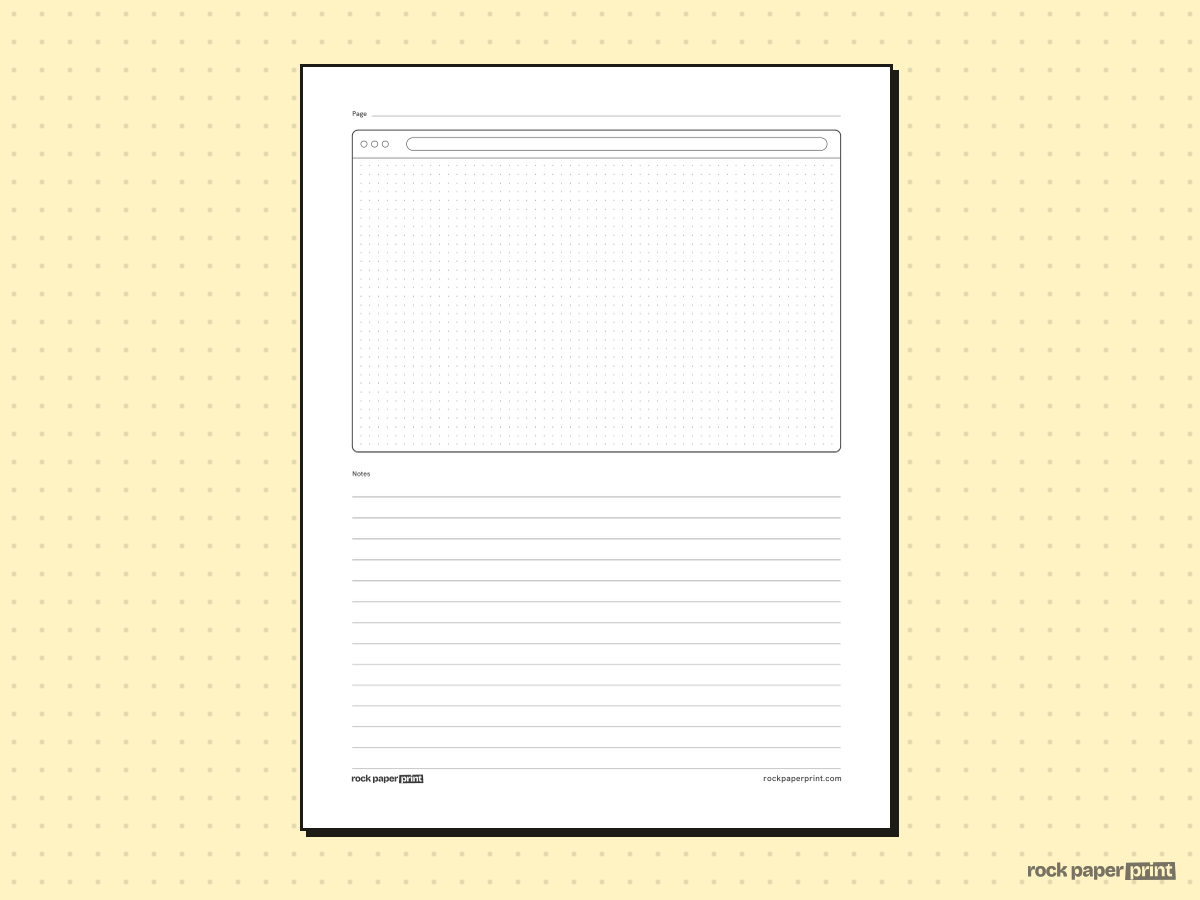Browser Wireframe Template, black lines, printable PDF preview