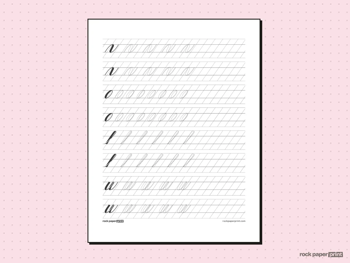 Brush Lettering Practice Sheets, black lines, printable PDF preview