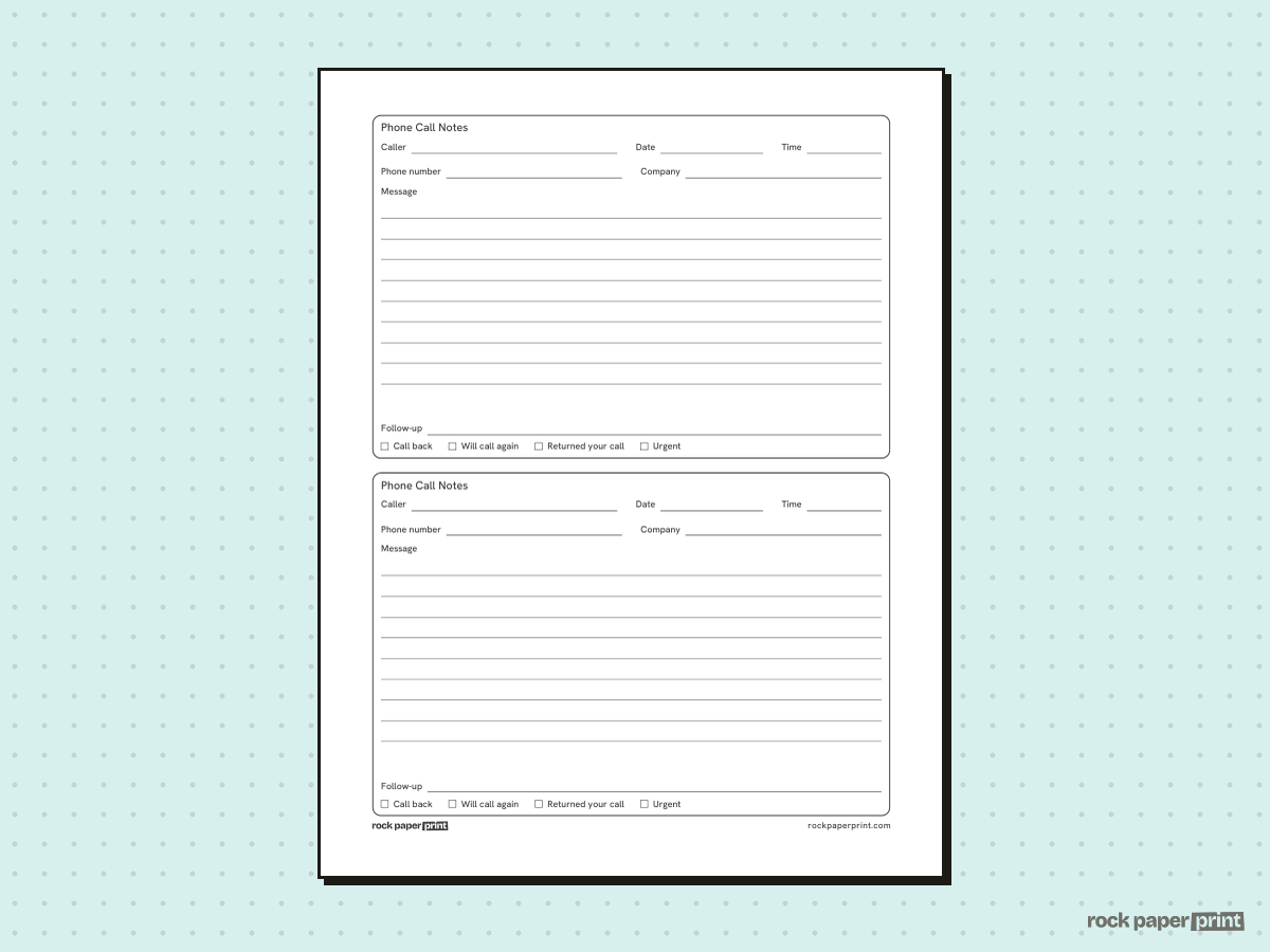 Phone Call Notes Template, black lines, printable PDF preview