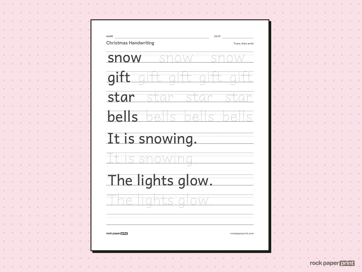 Christmas Handwriting Worksheets, black lines, printable PDF preview