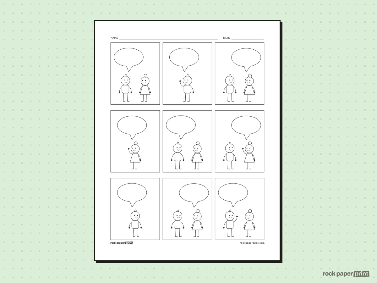 Comic Strip Template with Characters, black lines, printable PDF preview