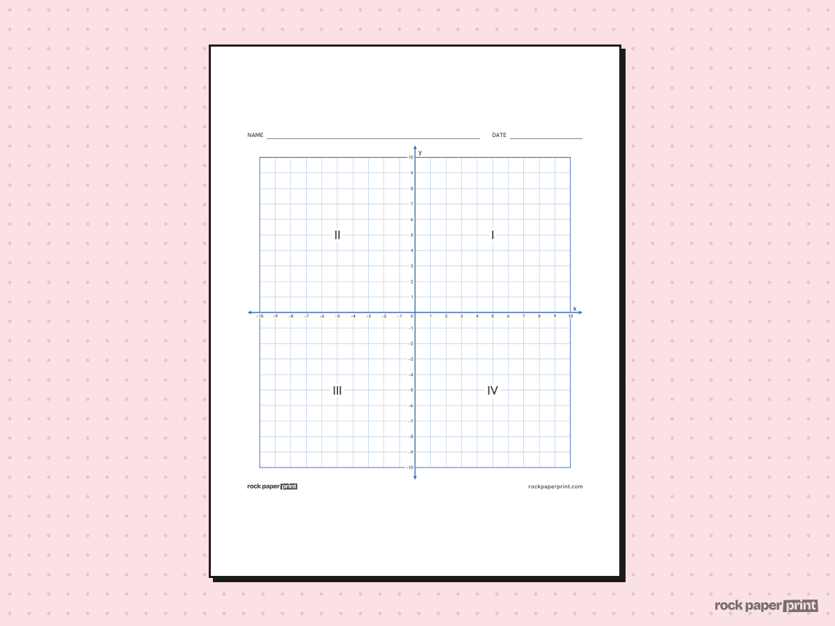 Coordinate Plane with Labeled Quadrants, blue lines, printable PDF preview