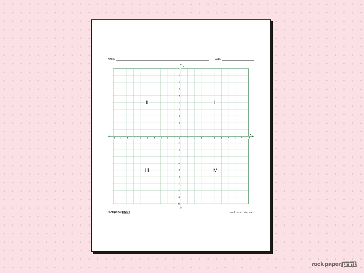 Coordinate Plane with Labeled Quadrants, green lines, printable PDF preview