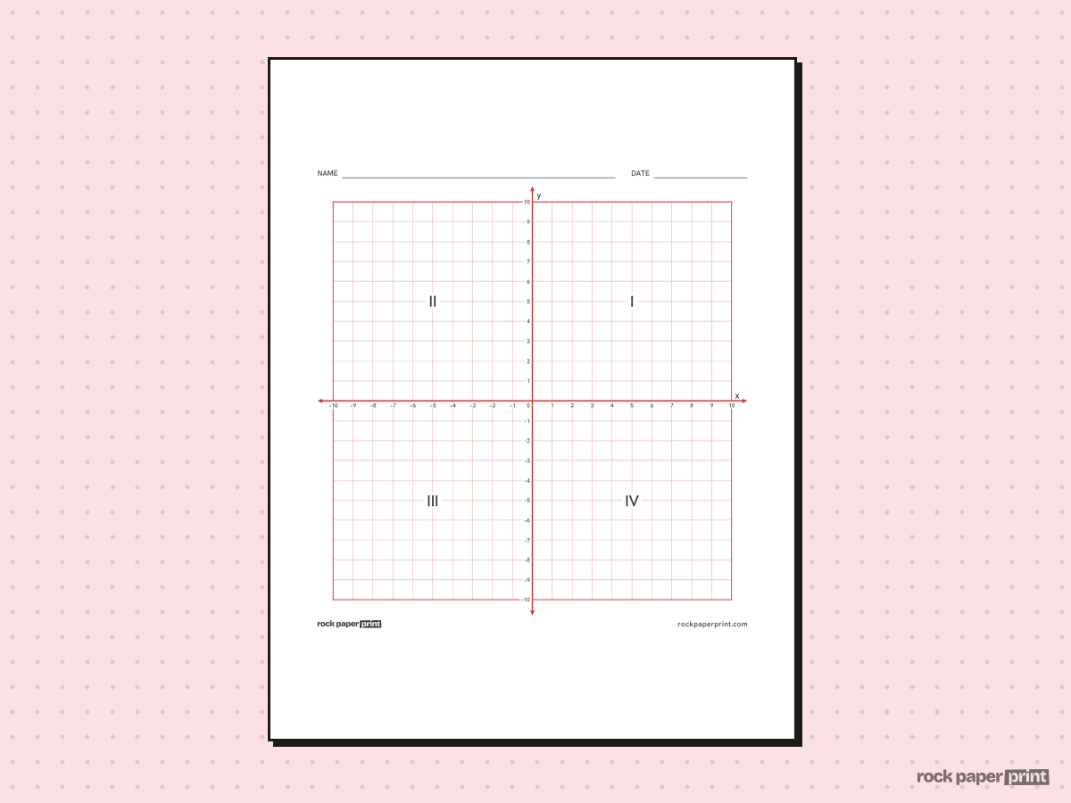 Coordinate Plane with Labeled Quadrants, red lines, printable PDF preview