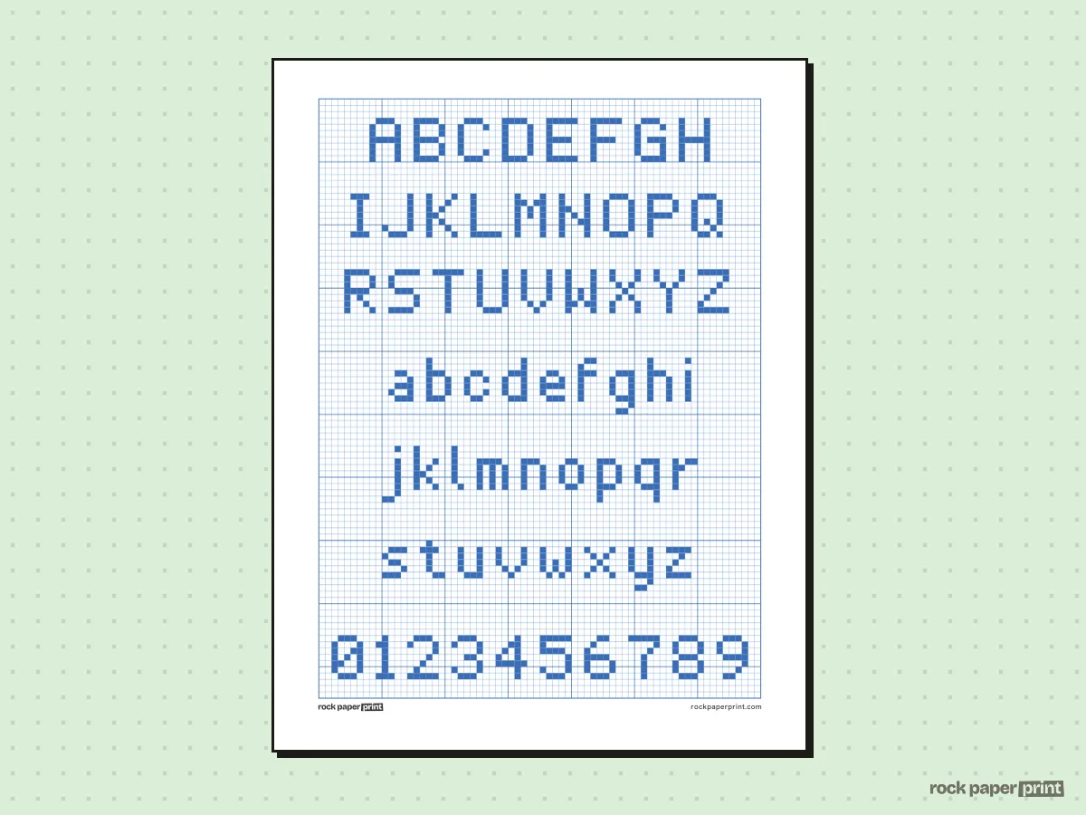 Cross Stitch Alphabet Pattern, blue lines, printable PDF preview