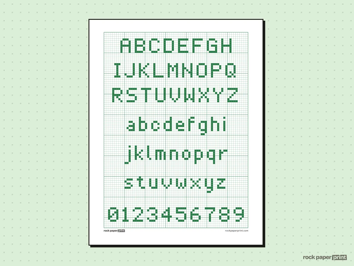 Cross Stitch Alphabet Pattern, green lines, printable PDF preview