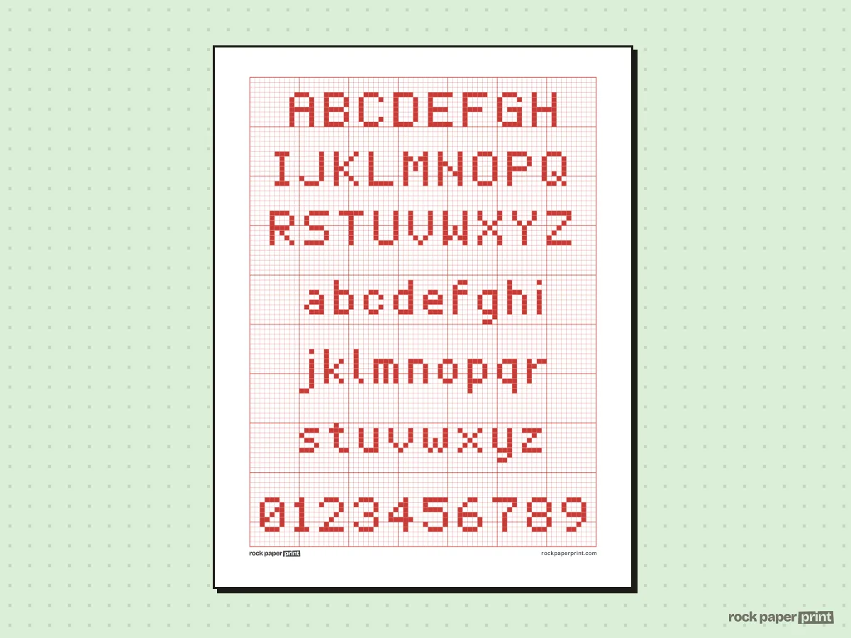 Cross Stitch Alphabet Pattern, red lines, printable PDF preview
