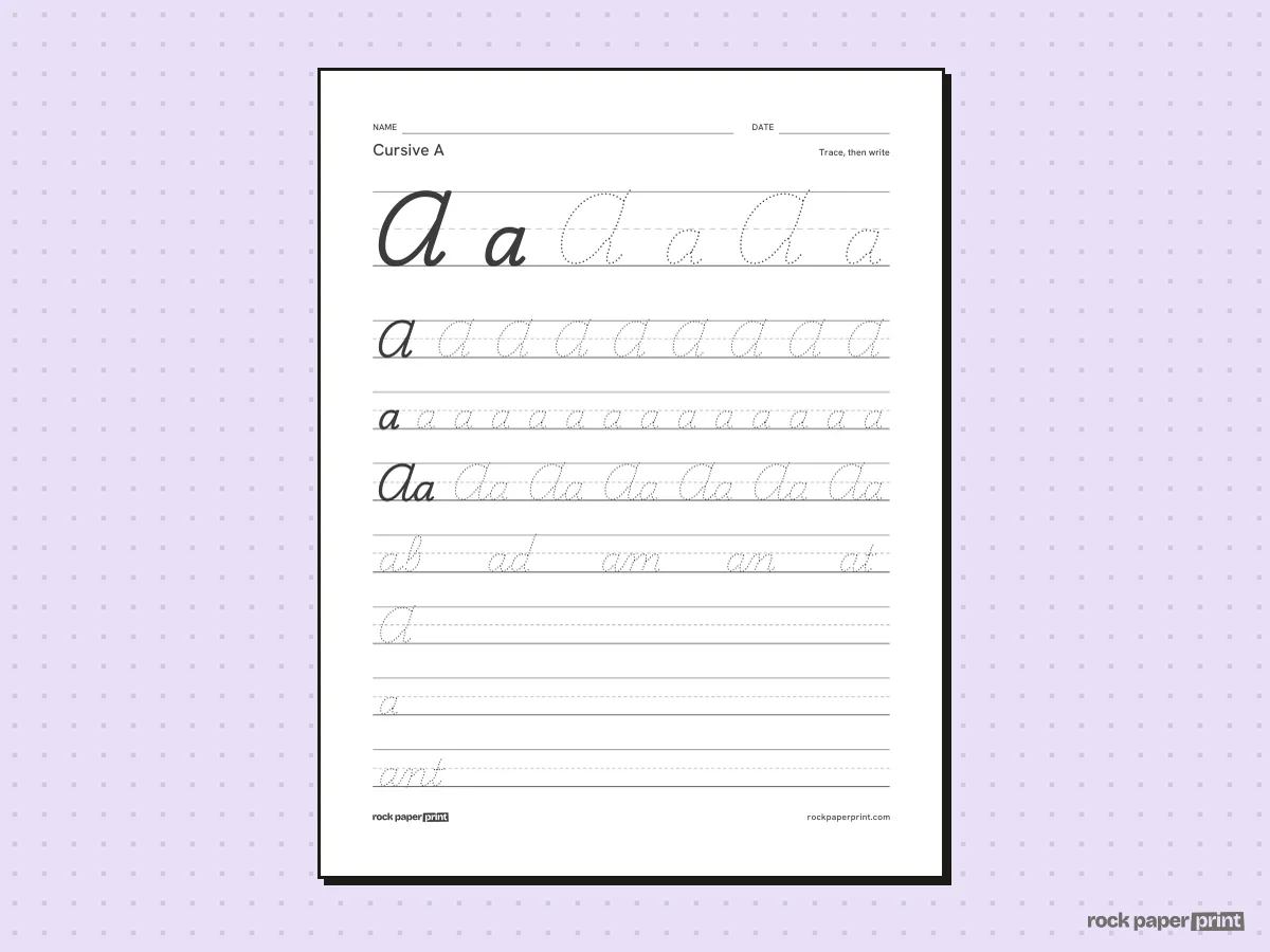 Cursive A, black lines, printable PDF preview