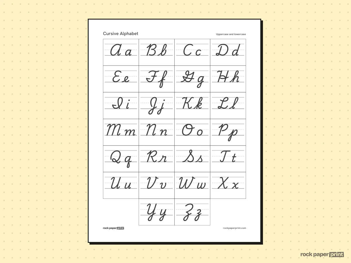 Cursive Alphabet Chart (A–Z), black lines, printable PDF preview
