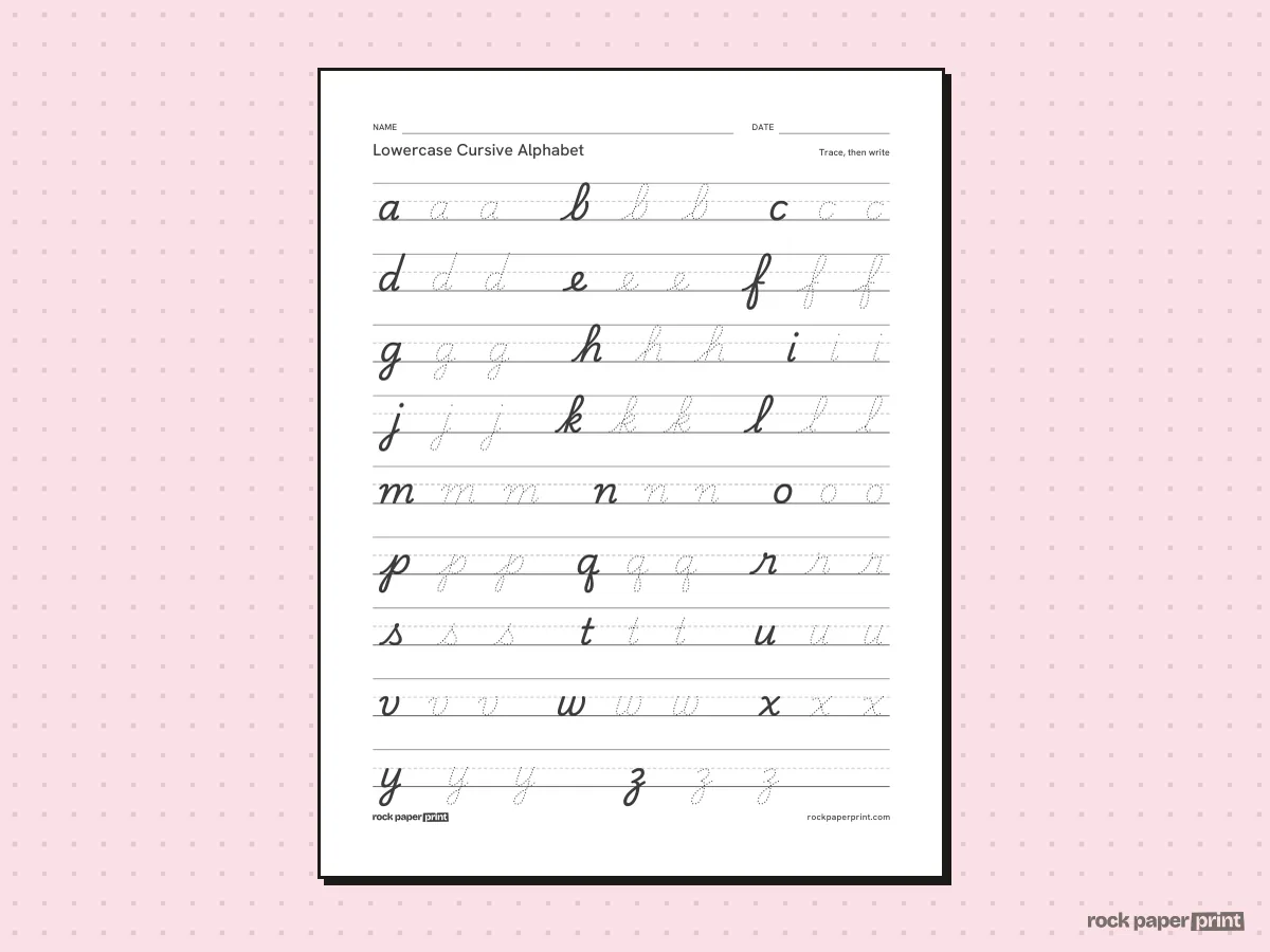 Cursive Alphabet Worksheets, black lines, printable PDF preview