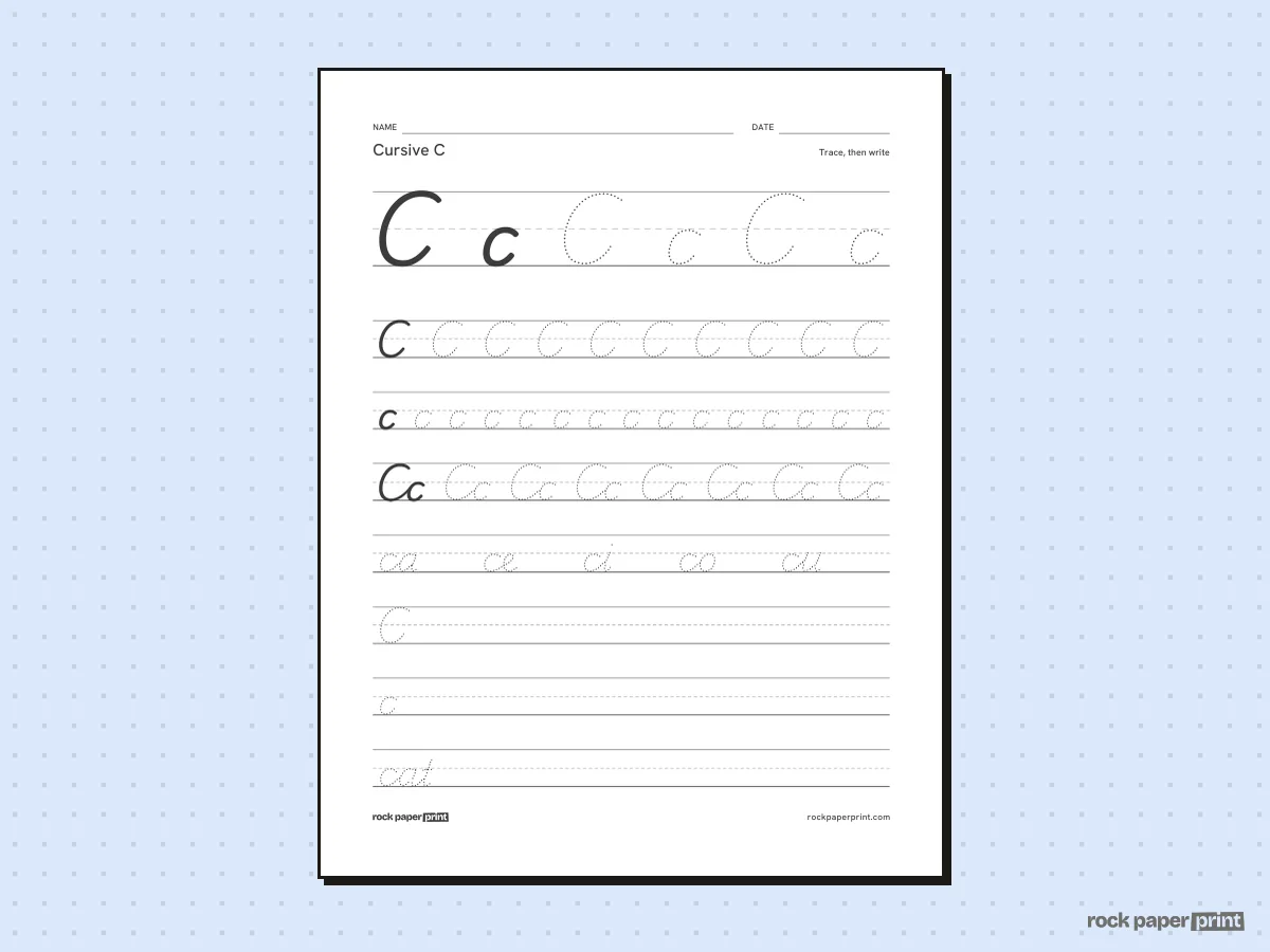 Cursive C, black lines, printable PDF preview